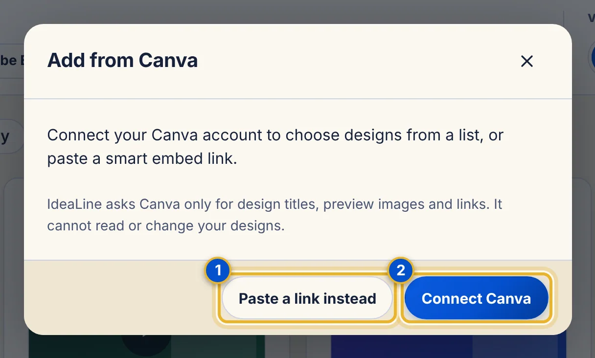 The Add from Canva window with two numbered buttons: Paste a link instead and Connect Canva.