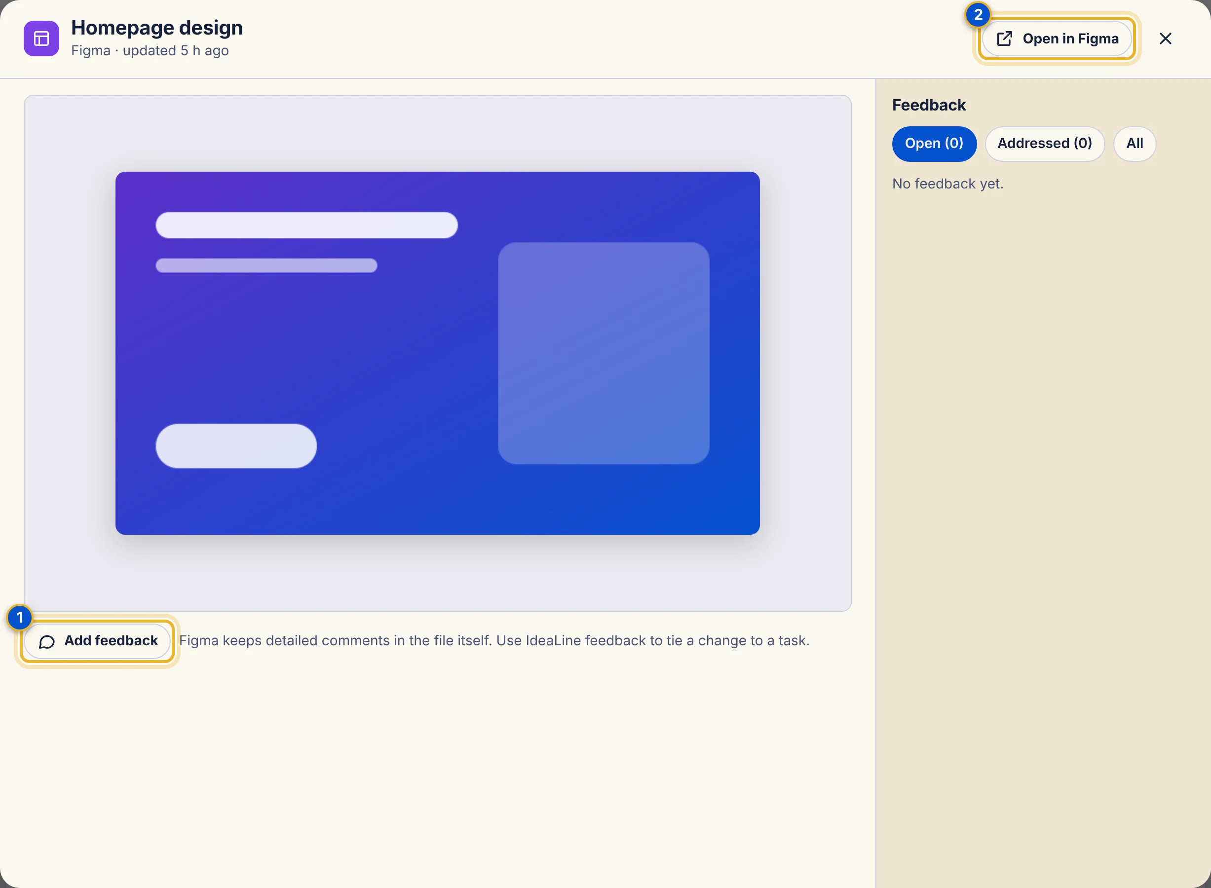 The live preview viewer for a Figma file with two numbered areas: Add feedback and Open in Figma.