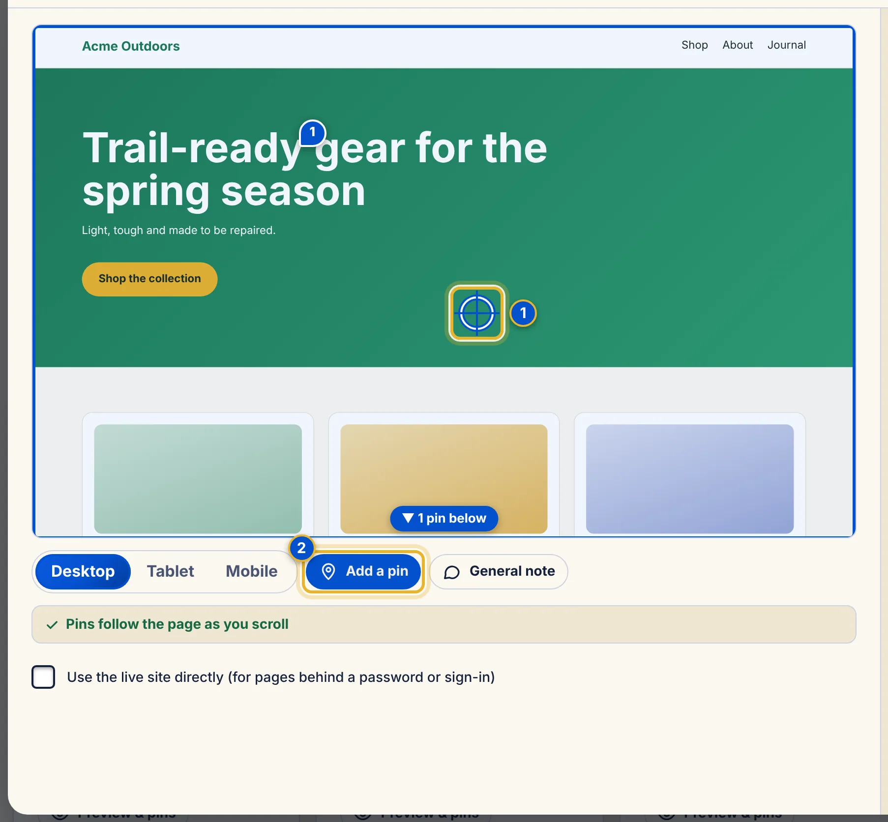 The website preview in pin mode with two numbered areas: the crosshair on the page and the pressed Add a pin button.