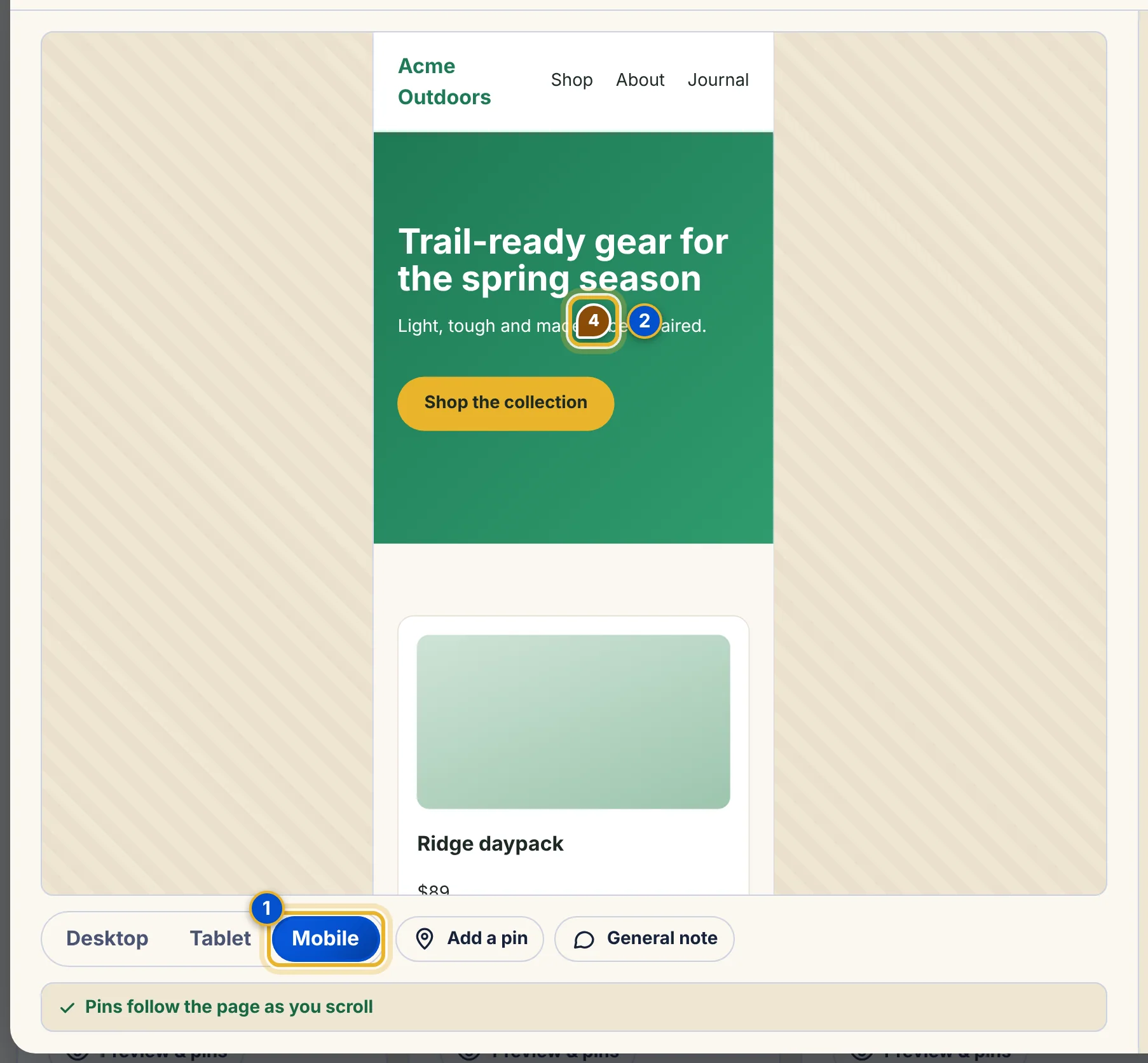 The viewer set to Mobile with two numbered areas: the Mobile button and a pin on the mobile page.