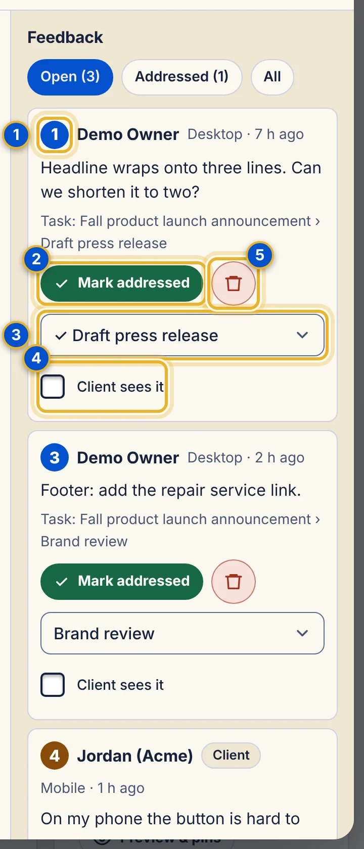 One pin in the Feedback list with five numbered areas: the pin number, Mark addressed, the linked task list, Client sees it and Delete.