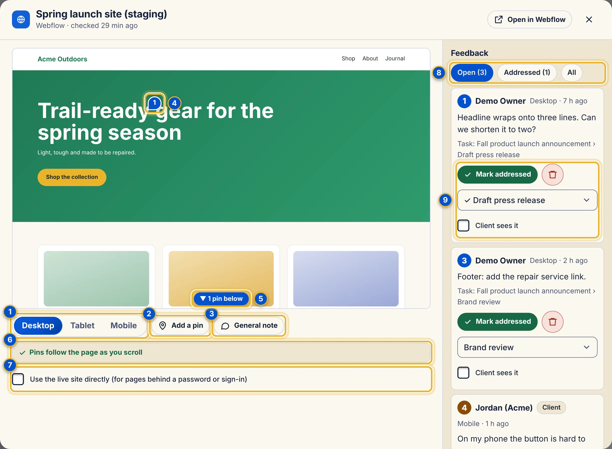 The website preview viewer with nine numbered areas: device sizes, Add a pin, General note, a pin on the page, a pin below arrow, the status line, the Use the live site directly checkbox, the feedback filters and the actions on a pin.