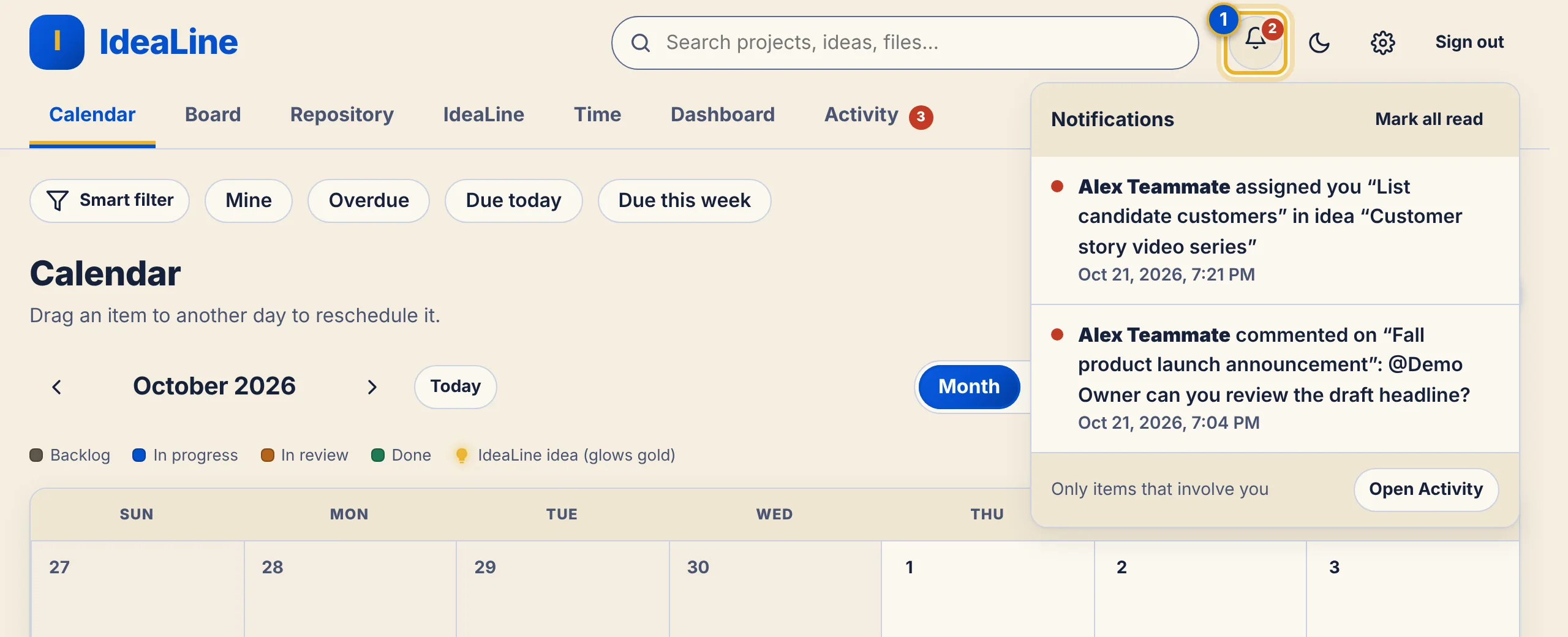 The top of IdeaLine with the notification bell selected and a panel listing two items, with Mark all read and Open Activity.