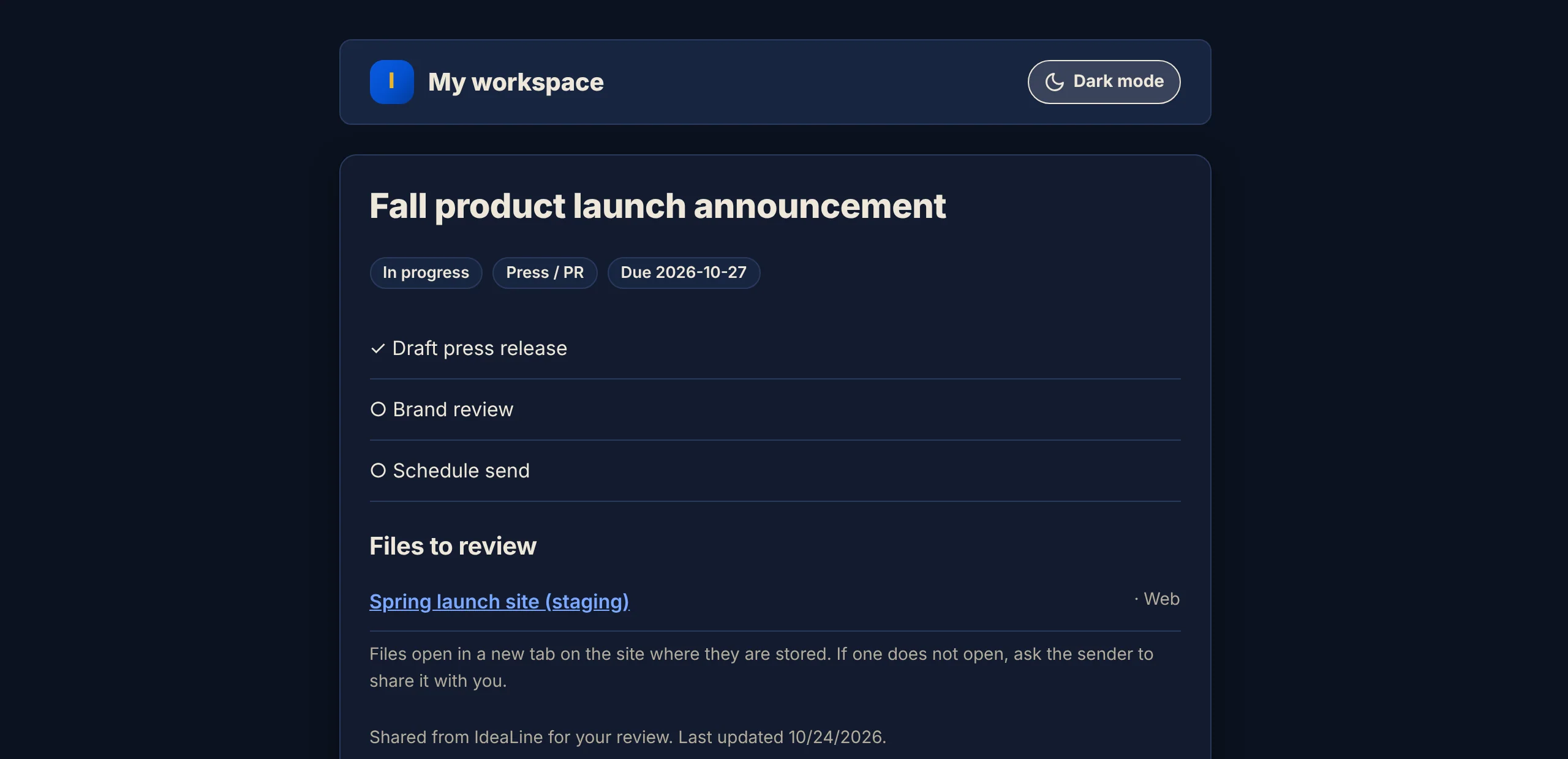 A client review page shown in dark mode with a deep navy background.