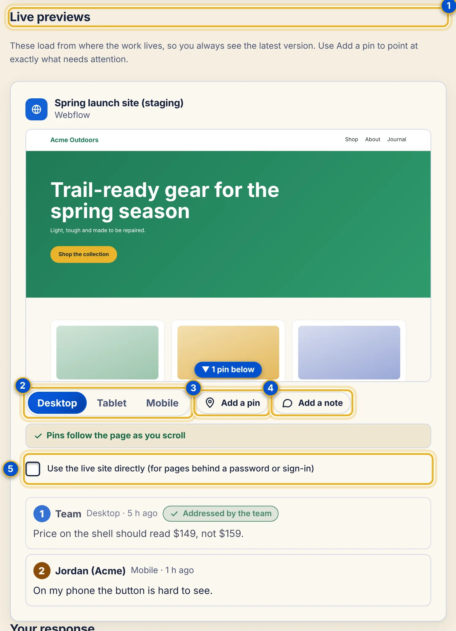 The Live previews section of a client review page with five numbered areas: the Live previews heading, device sizes, Add a pin, Add a note and Use the live site directly.