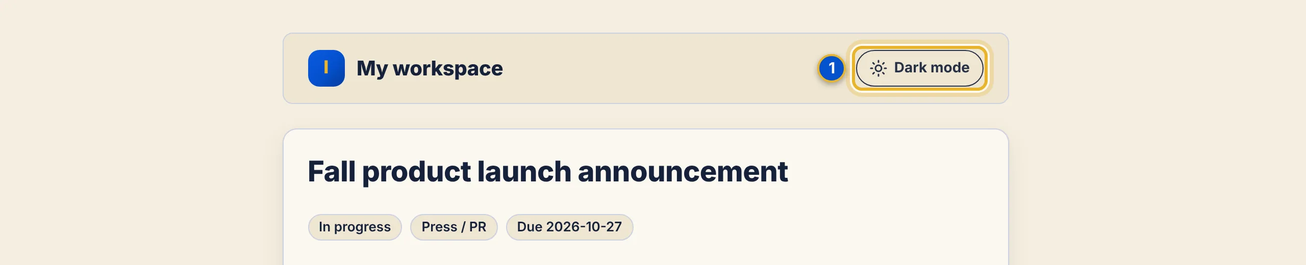 The top of a client review page with one numbered area: the Dark mode switch.