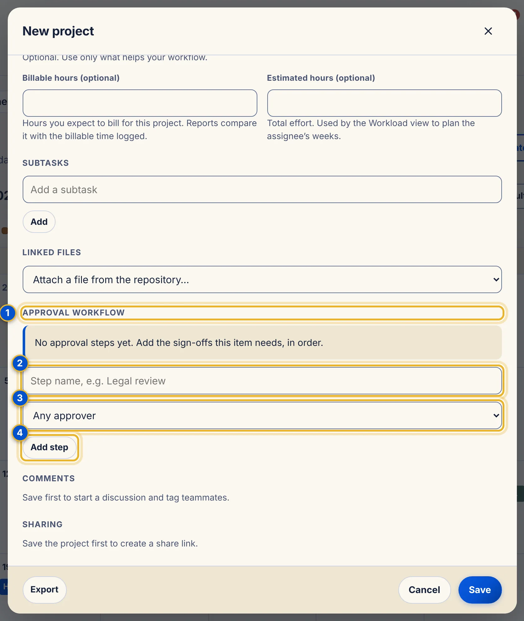 The Approval workflow section of the project window with a step name box, an approver list and an Add step button.