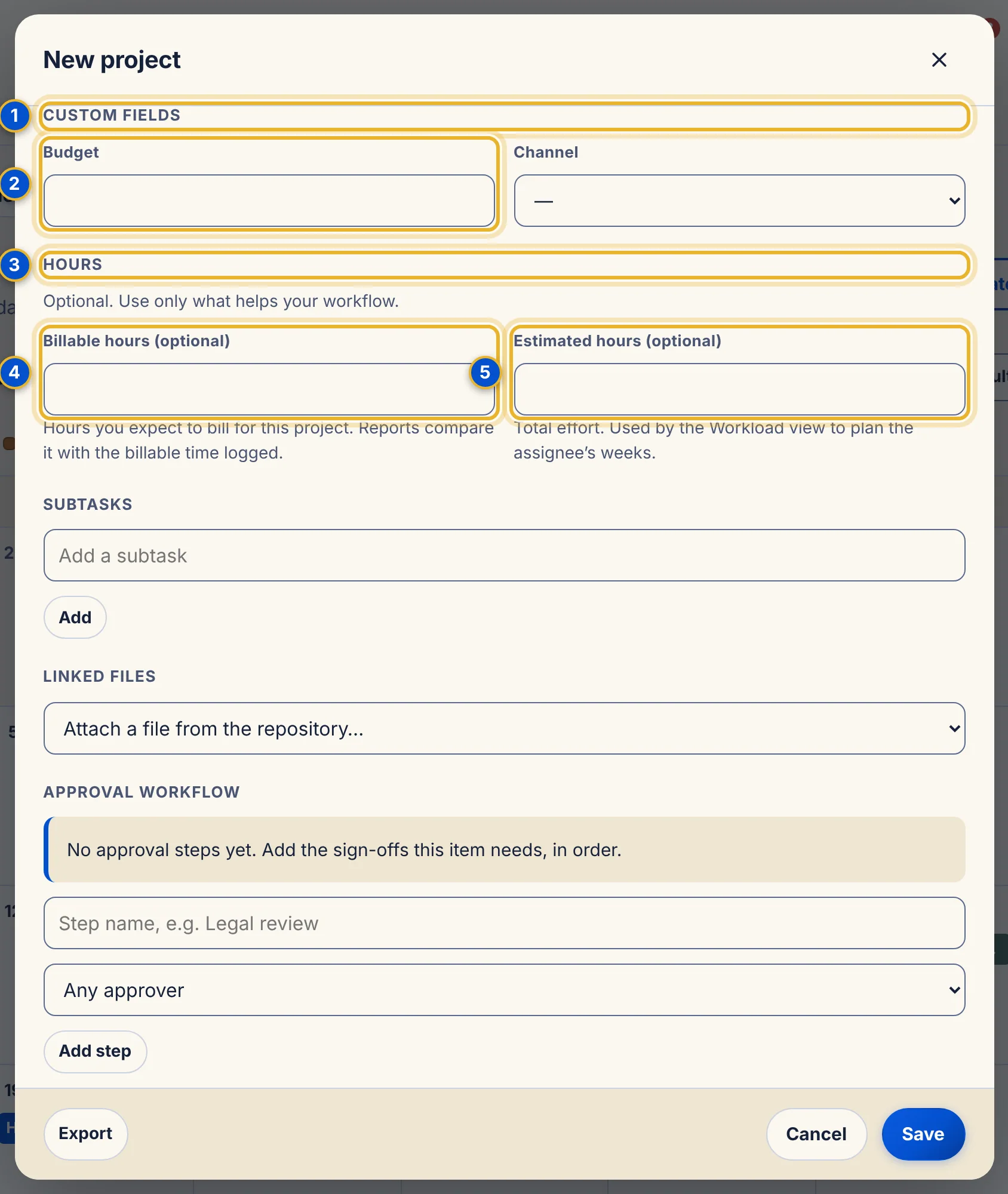 The project window showing Custom fields (Budget and Channel) and the Hours section with Billable and Estimated hours.