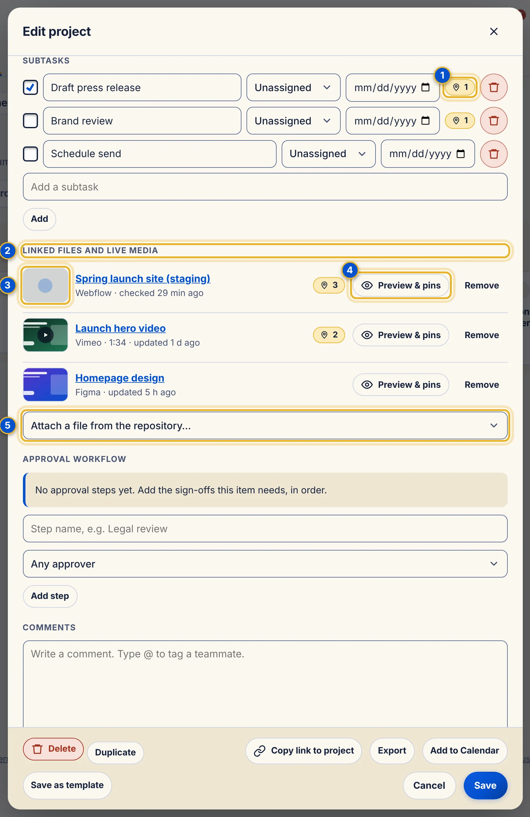 The project window with five numbered areas: a pin badge on a subtask, the Linked files and live media heading, a live thumbnail, the Preview and pins button and the Attach a file list.