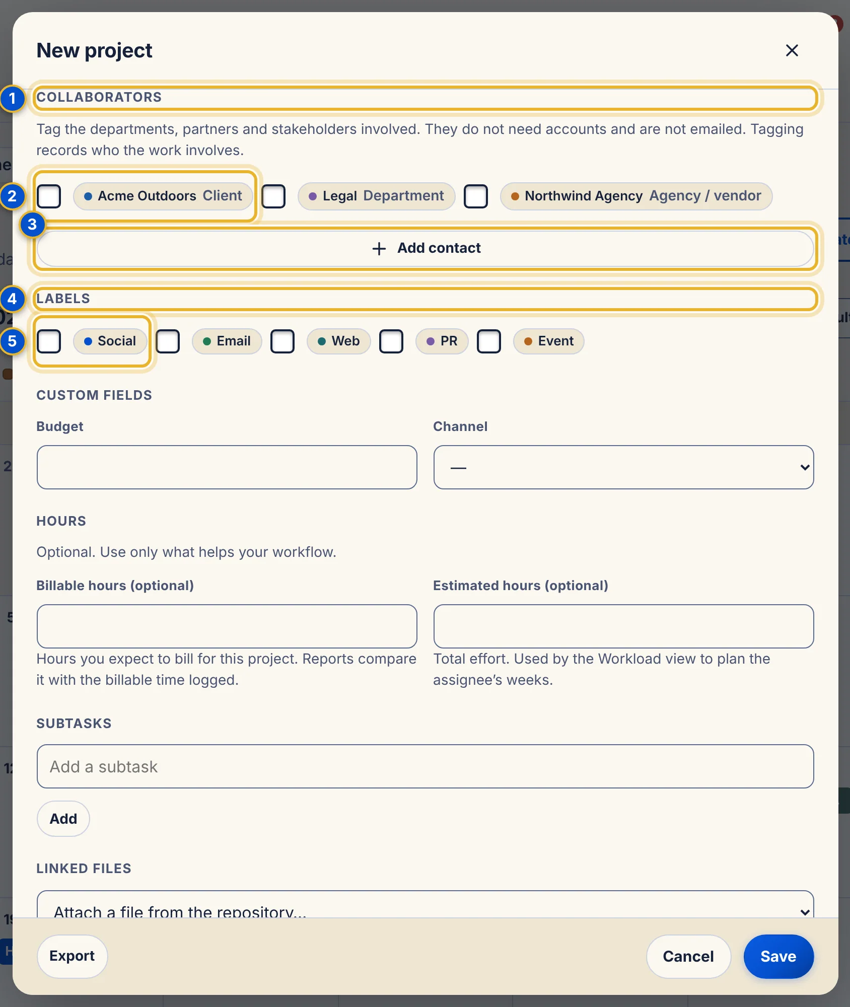 The lower part of the project window showing Collaborators with an Add contact button, then Labels.