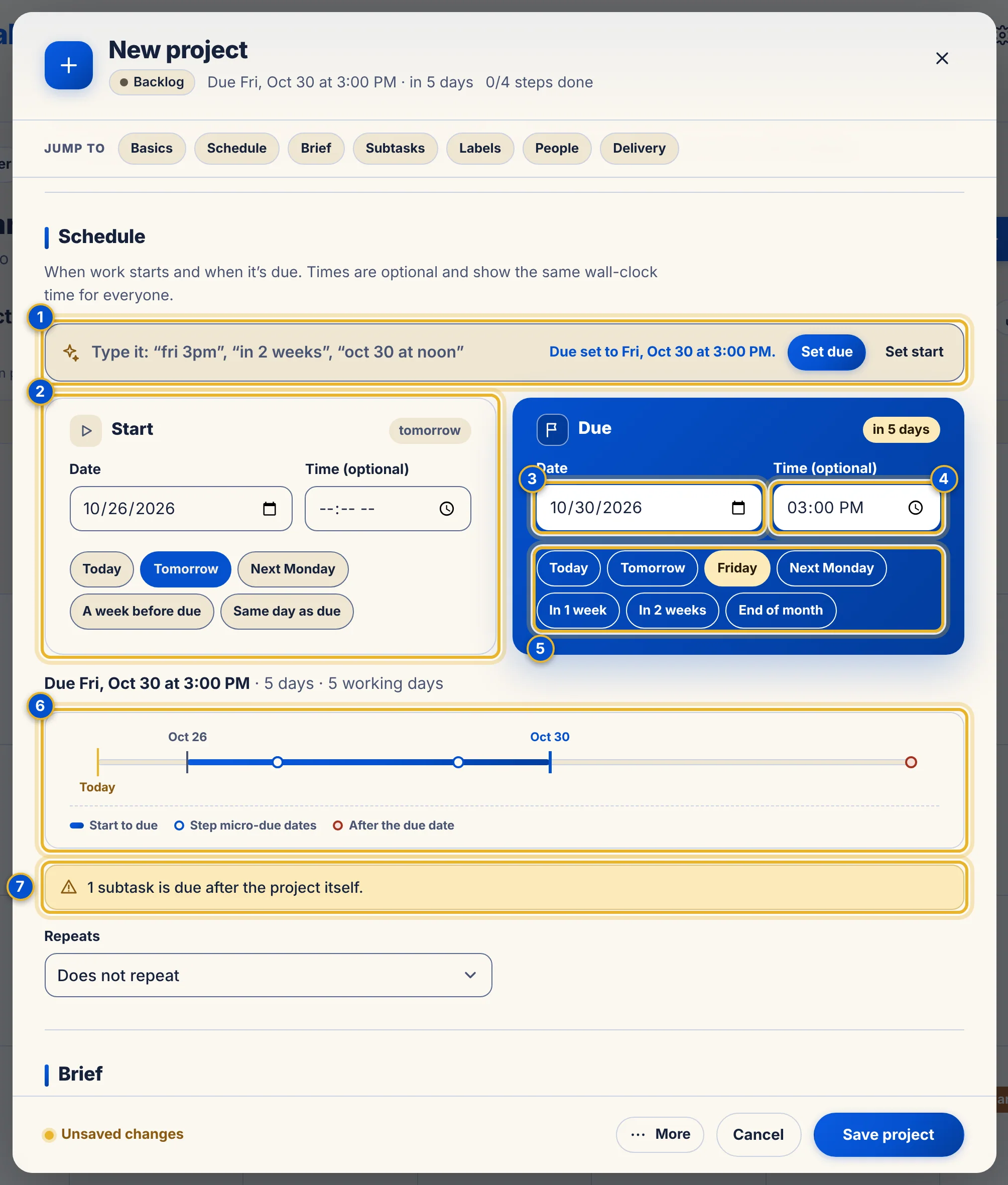 The Schedule section with a Type it box, a Start card and a blue Due card each with date, time and one-tap choices, a timeline showing today, the window and subtask dates, and a heads-up note.
