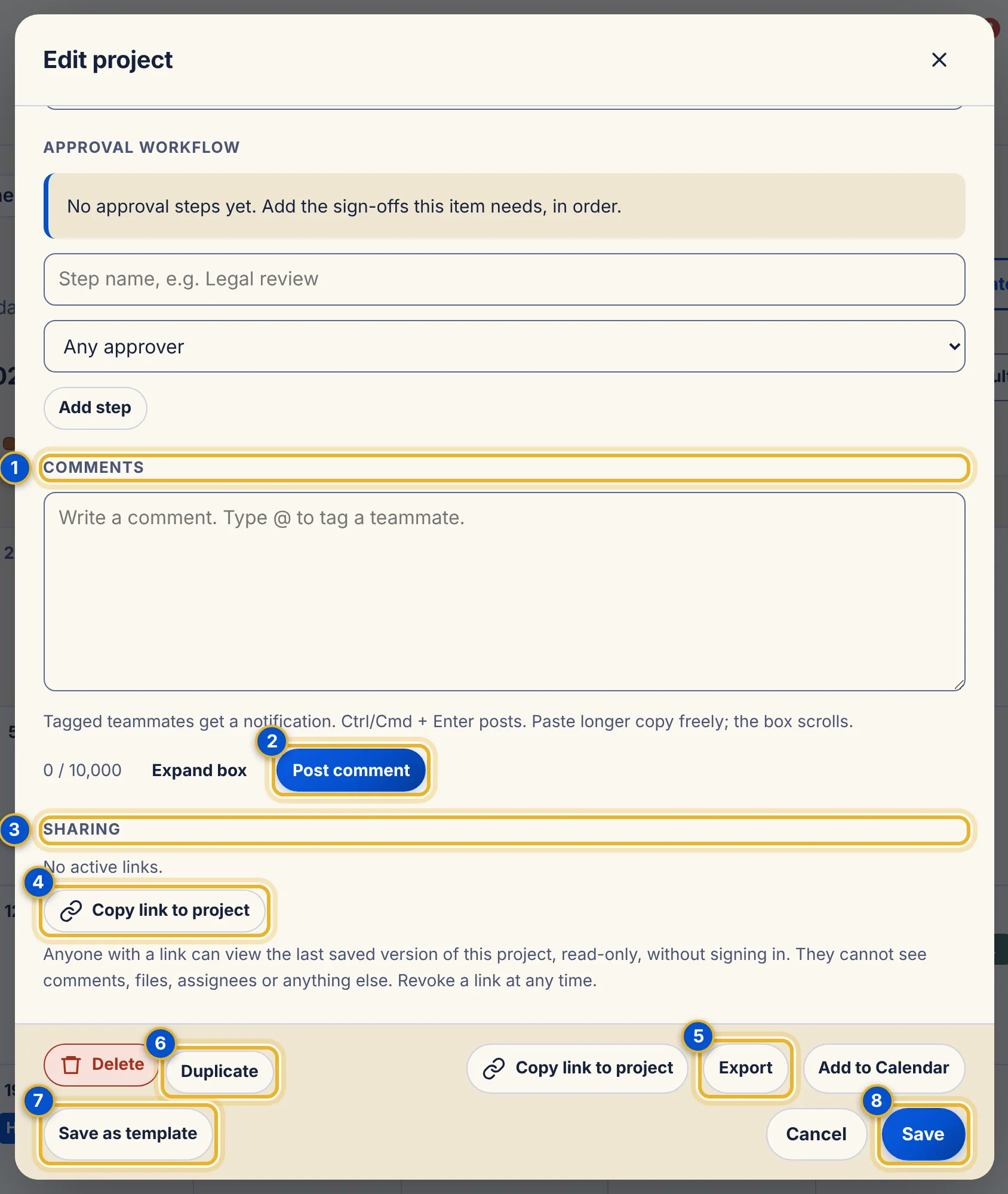 The bottom of the Edit project window showing Comments, Sharing with a Copy link to project button, and the footer buttons.