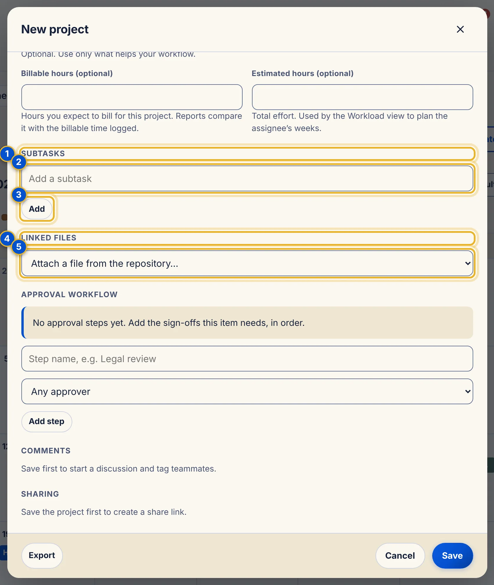 The project window showing the Subtasks box with an Add button, and the Linked files list.