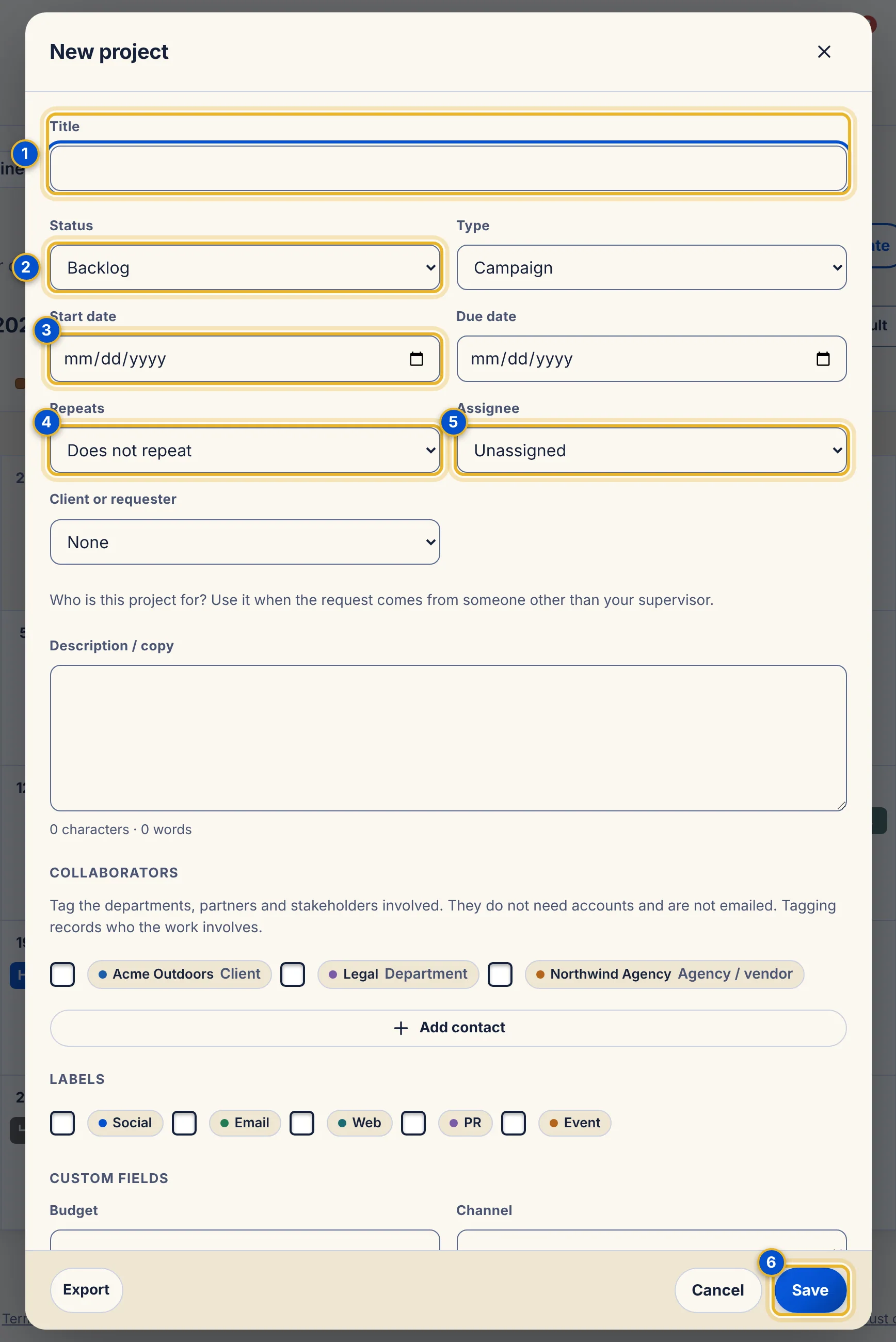 The New project window showing Title, Status, Type, dates, repeat, assignee, client, description, collaborators, labels and custom fields.