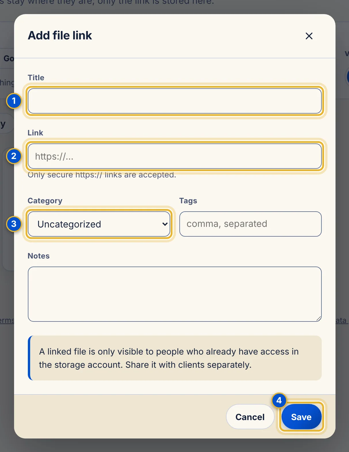 The Add file link window with Title, Link, Category, Tags and Notes boxes and a note that a linked file is only visible to people who already have access.