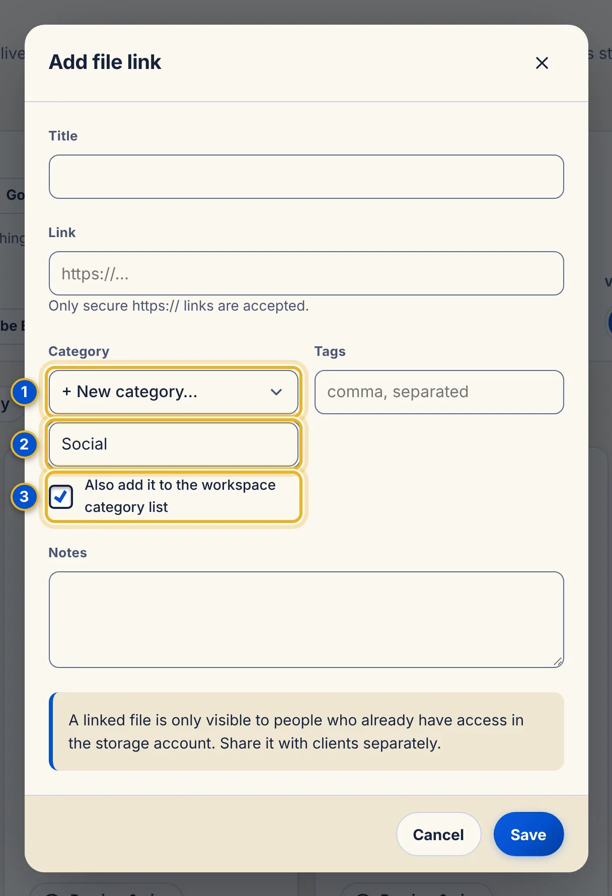 The Category list showing New category, a box with Social typed in, and a ticked box to add it to the workspace category list.