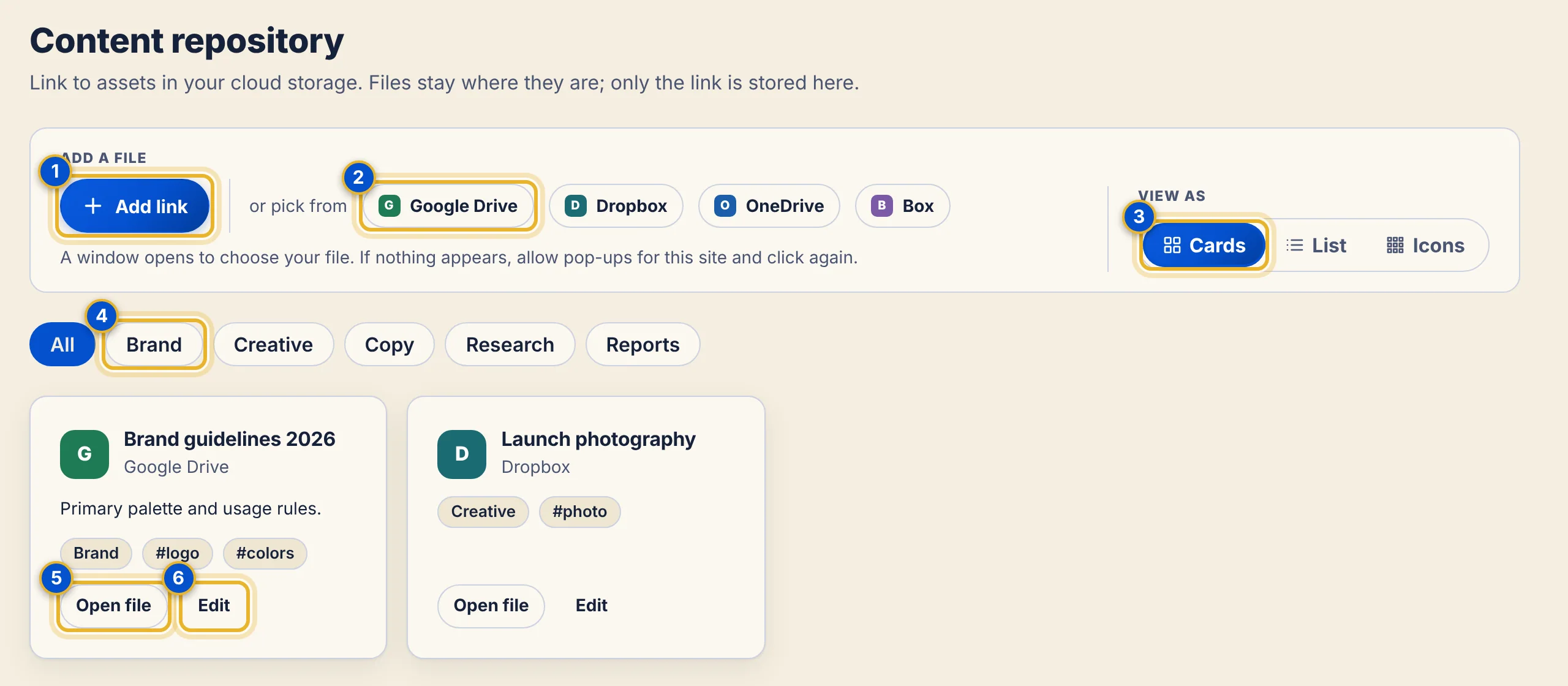The Repository tab with six numbered areas: Add link, the Google Drive picker button, the Cards view button, the Brand category filter, an Open file link and an Edit link on a file card.