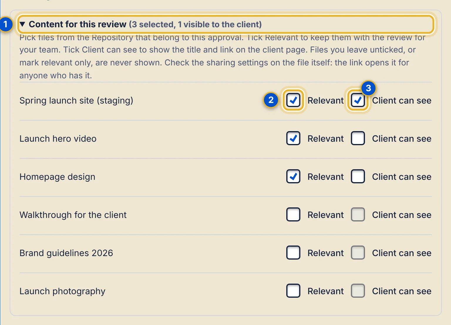 The Content for this review list with three numbered areas: the section heading with counts, a Relevant checkbox and a Client can see checkbox.