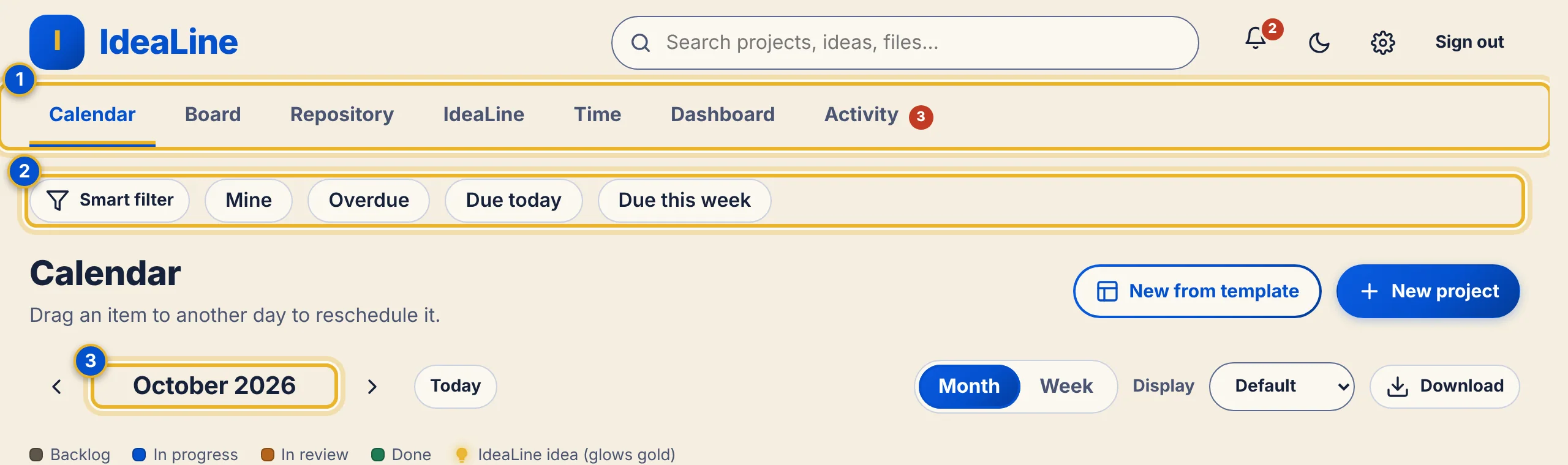 The tab bar and the quick filter row on the Calendar tab, with three numbered areas: the tabs, the filter row and the page title.