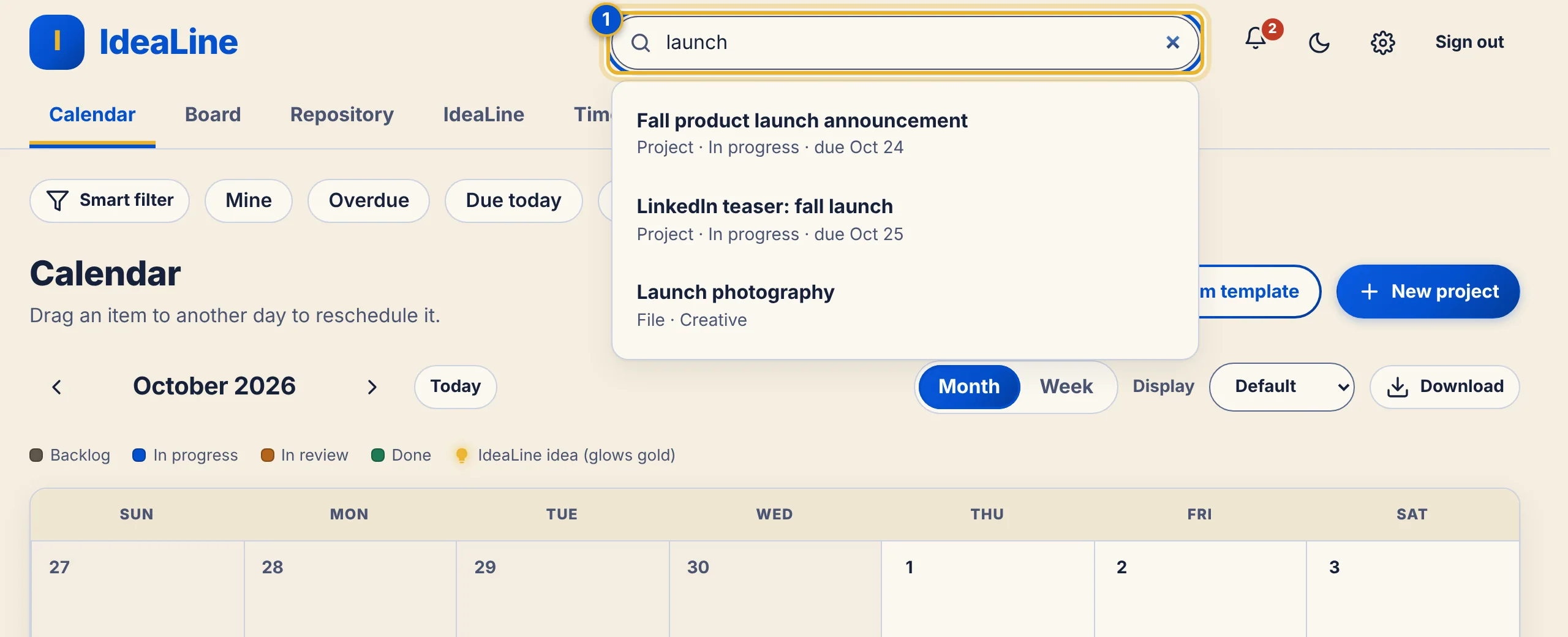 The search box at the top with the word launch typed and three results below: a project, a second project and a repository file, each with a short description.