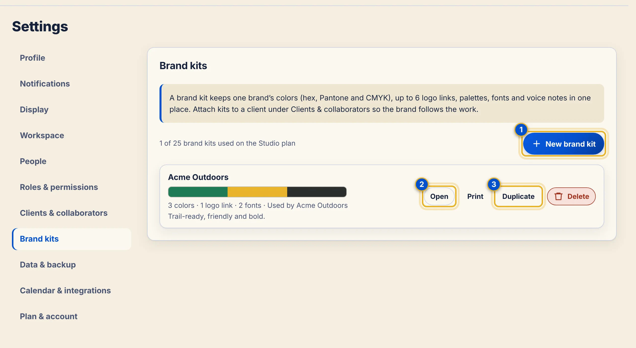 The Brand kits panel with a New brand kit button, a counter reading 1 of 25 brand kits used, and a kit named Acme Outdoors with Open, Print, Duplicate and Delete buttons.