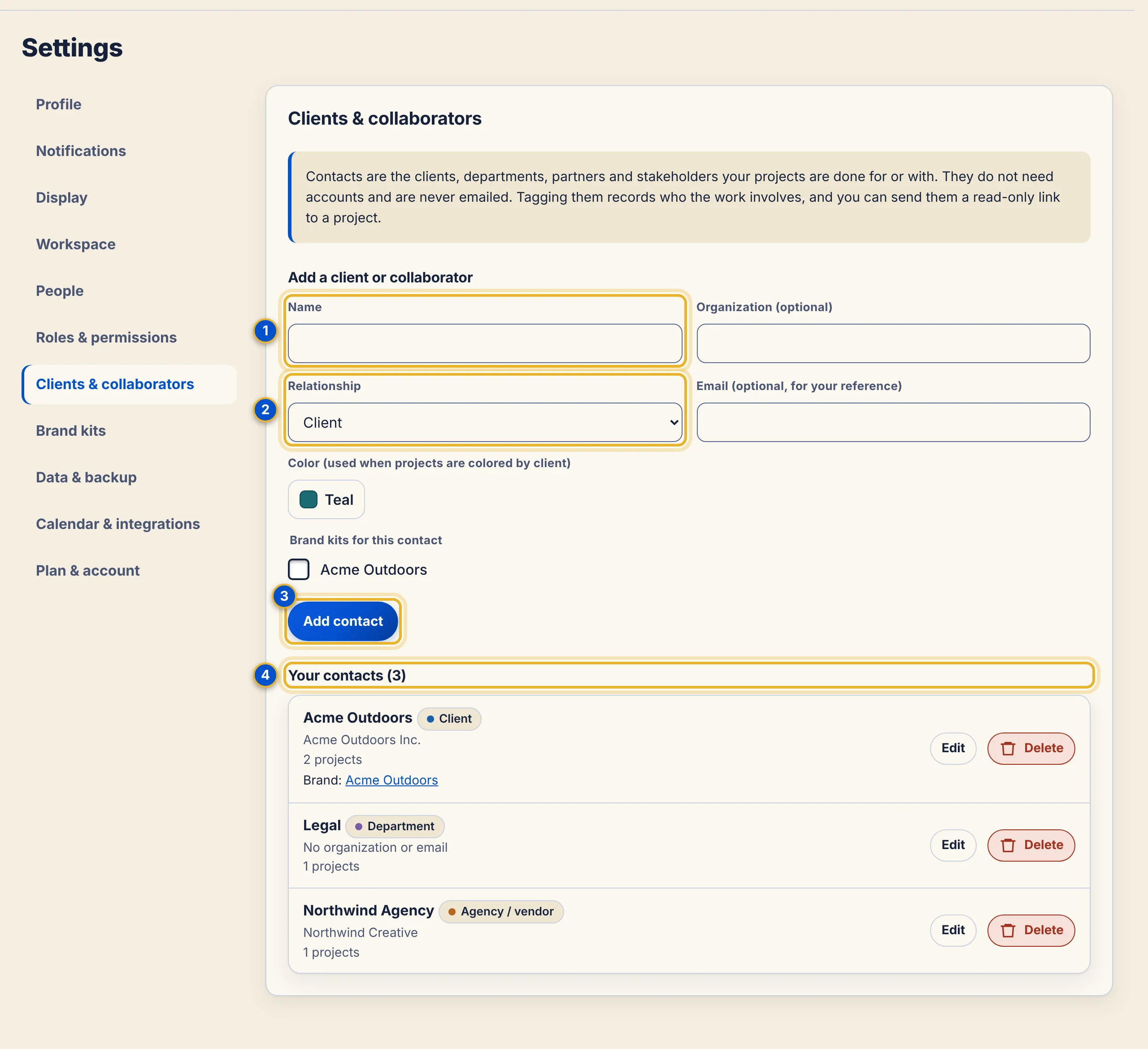 The Clients and collaborators panel with an Add a client or collaborator form and a list of three contacts.