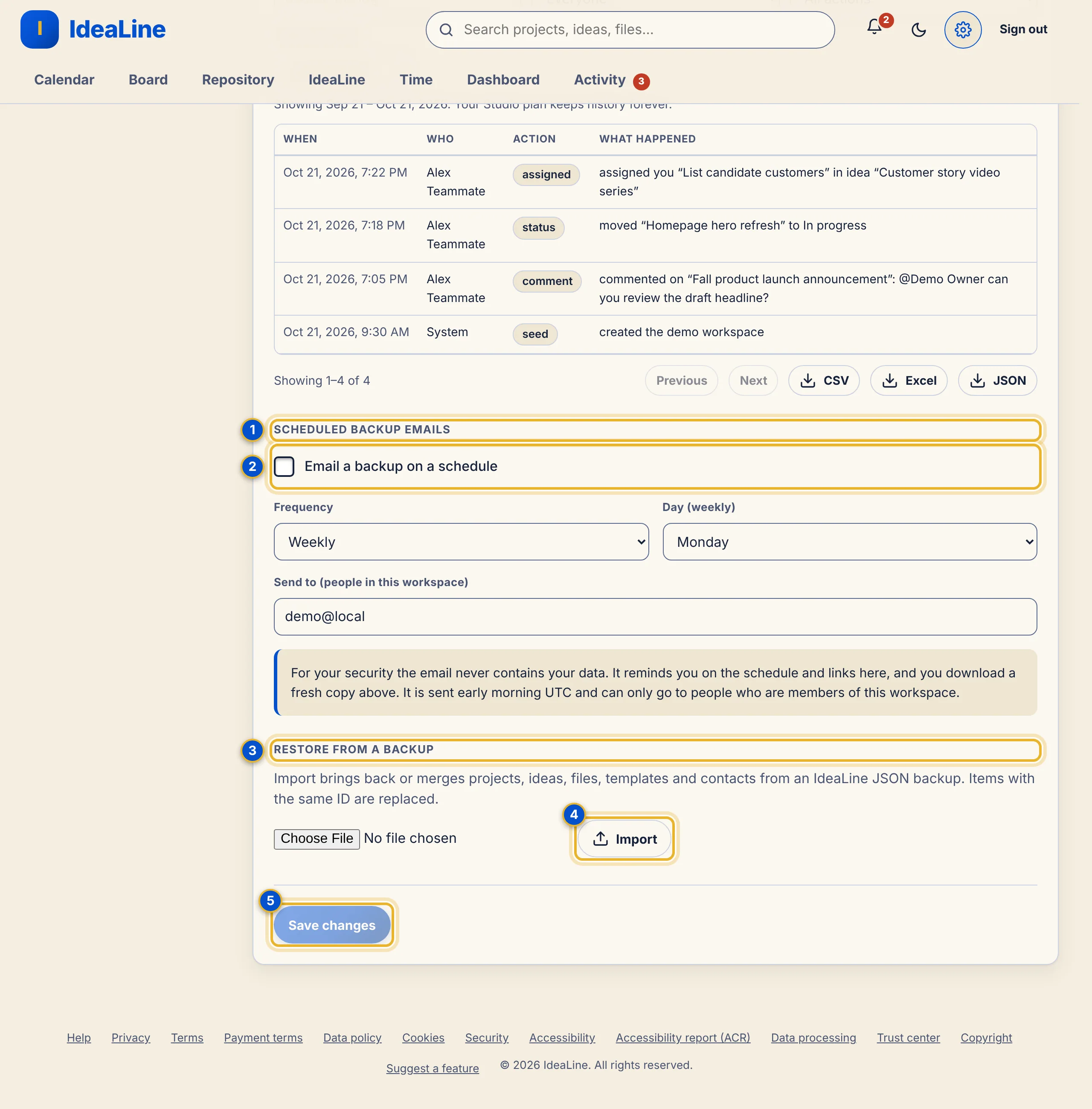 The lower part of Data and backup showing Scheduled backup emails and Restore from a backup with an Import button.