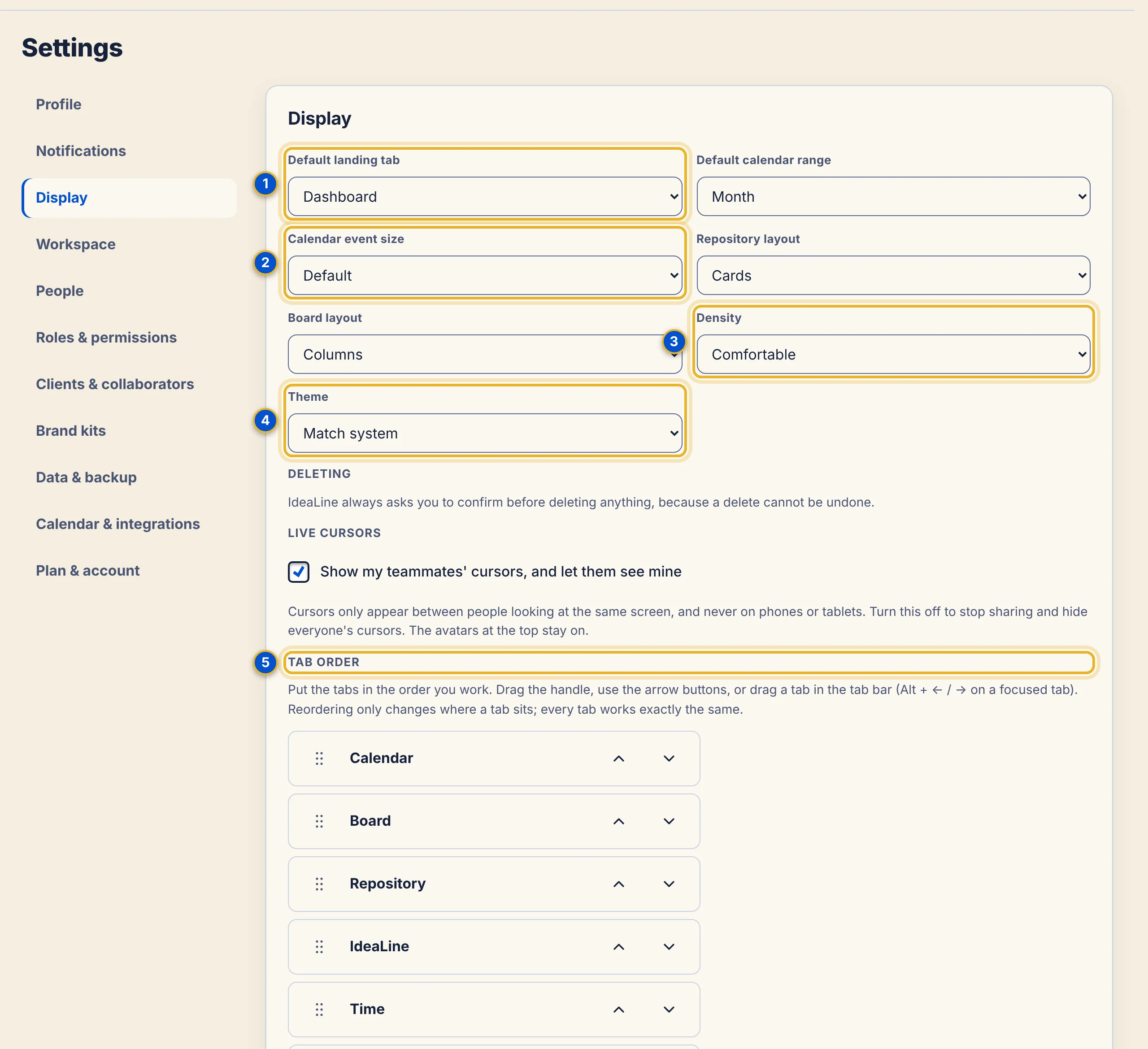 The Display panel in Settings with Default landing tab, Default calendar range, Calendar event size, Repository layout, Board layout, Density and Theme lists, a Live cursors checkbox and a Tab order list.
