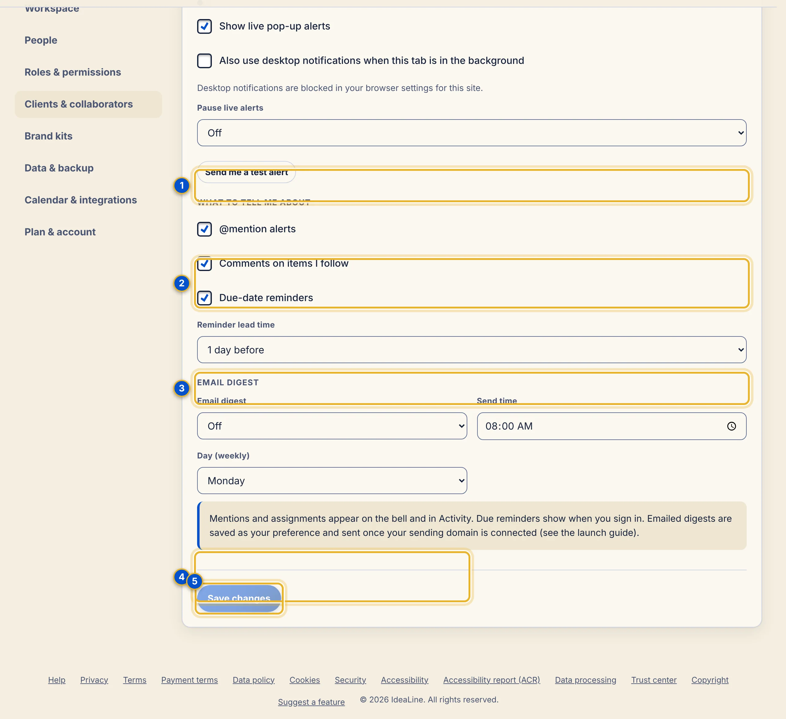 The Notifications panel in Settings with live alert options, a pause list, what to tell me about, reminder lead time and email digest settings.