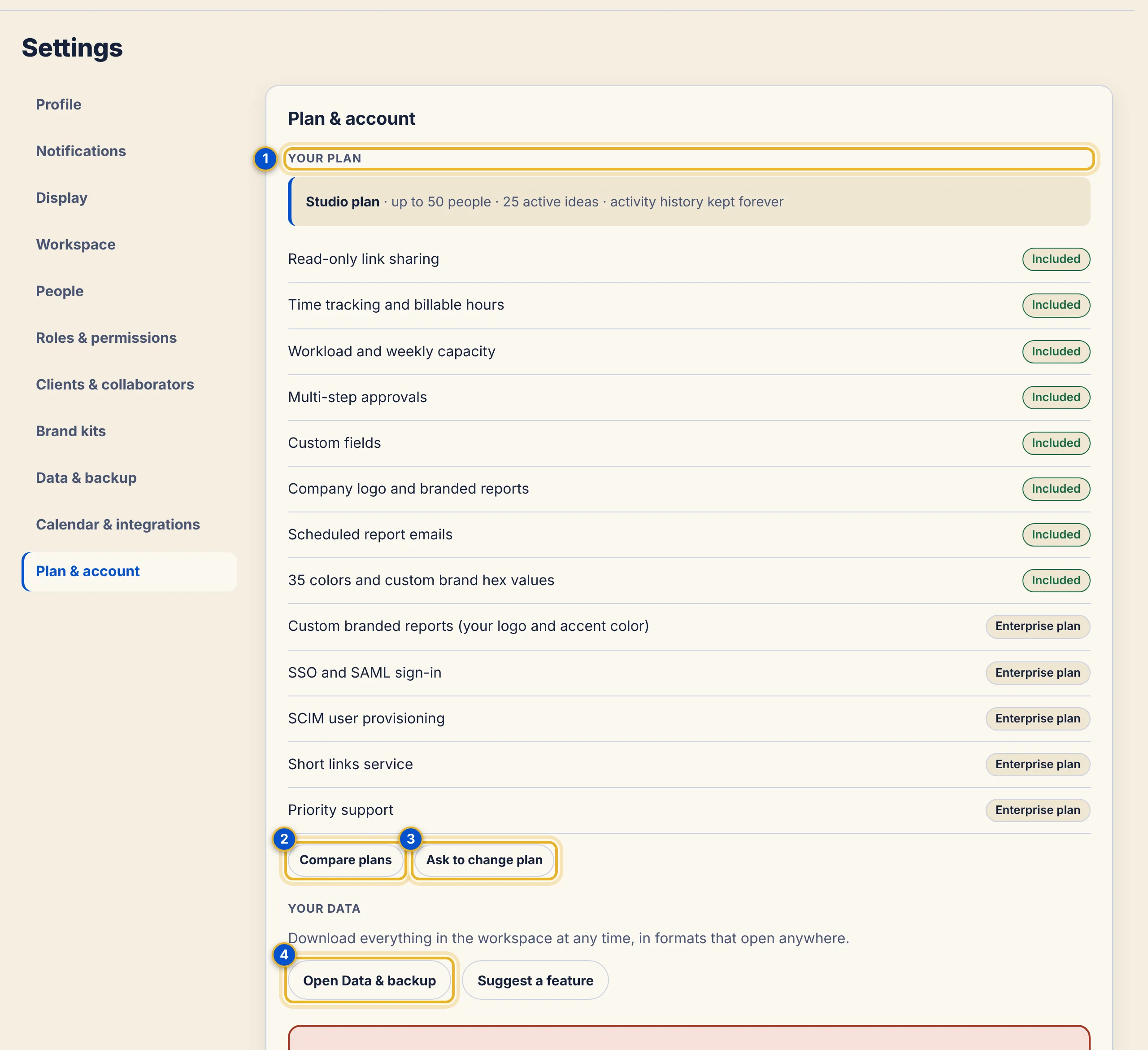 The Plan & account panel in Settings, showing the current plan and what is included.