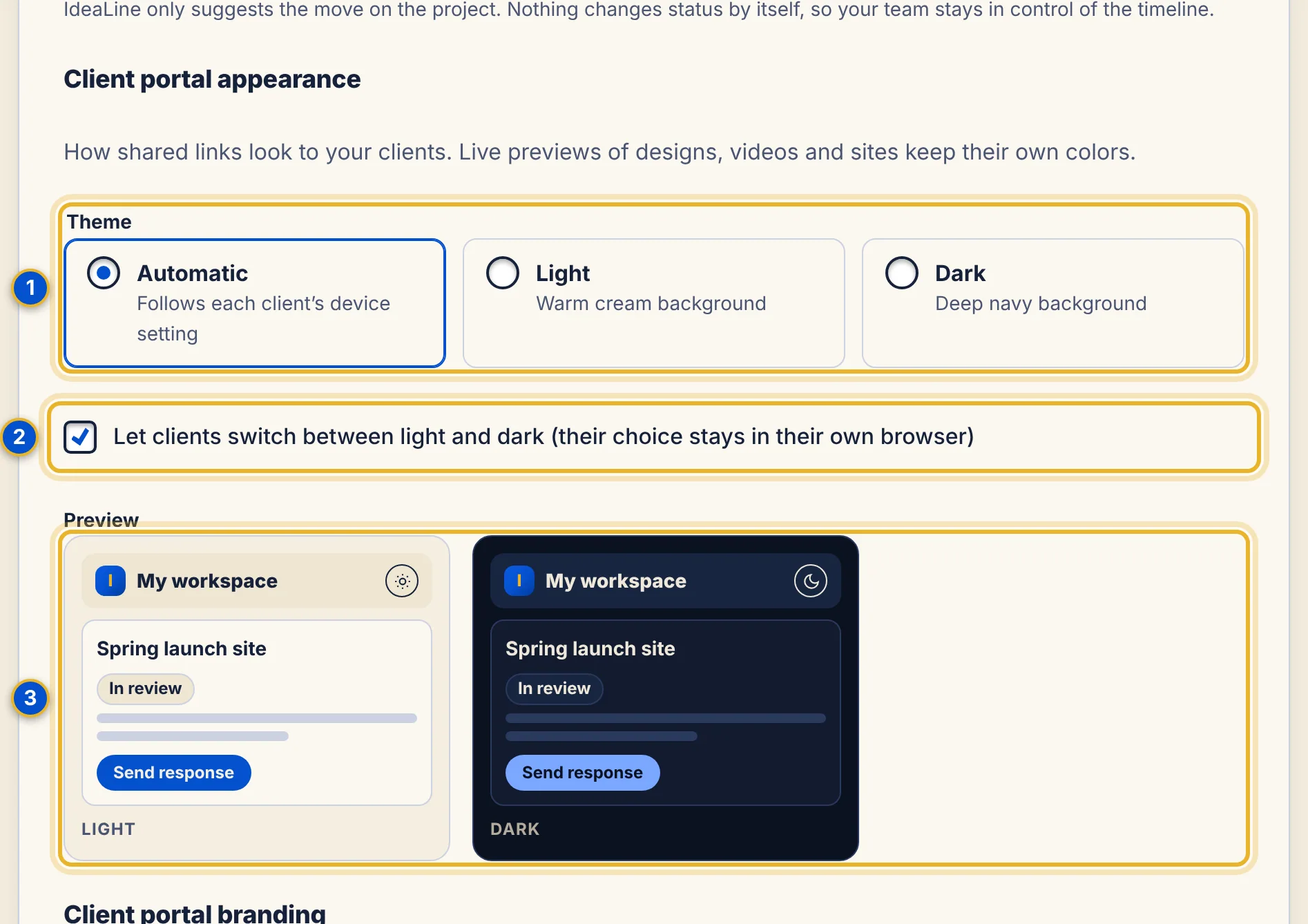 The Client portal appearance settings with three numbered areas: the Theme options, the client switch checkbox and the light and dark previews.
