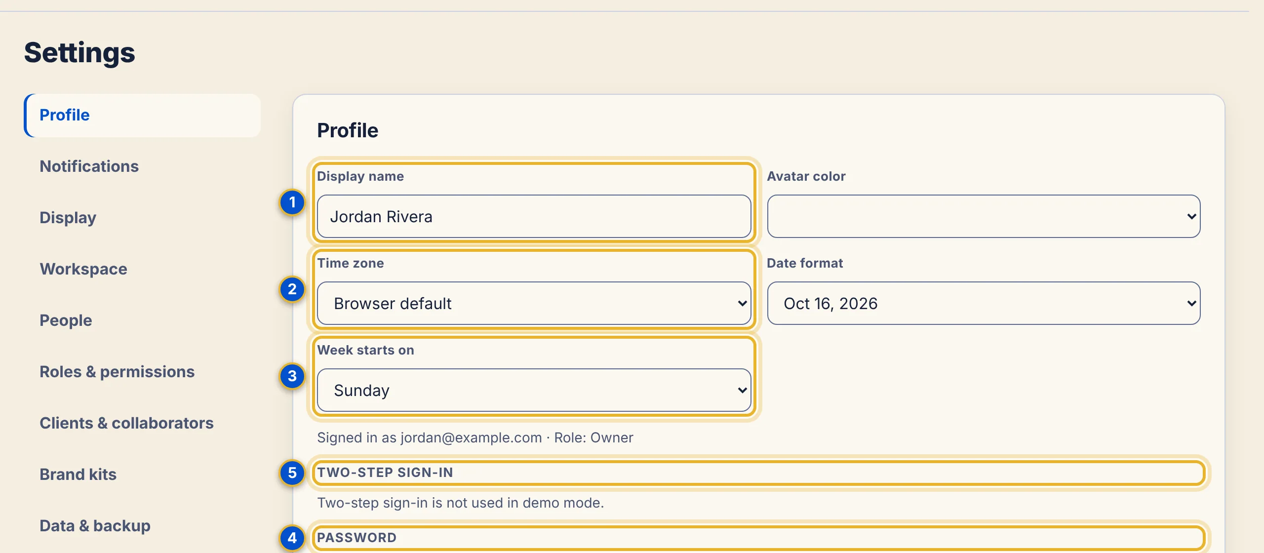 The Profile panel in Settings showing the Display name, Avatar color, Time zone, Date format and Week starts on fields.