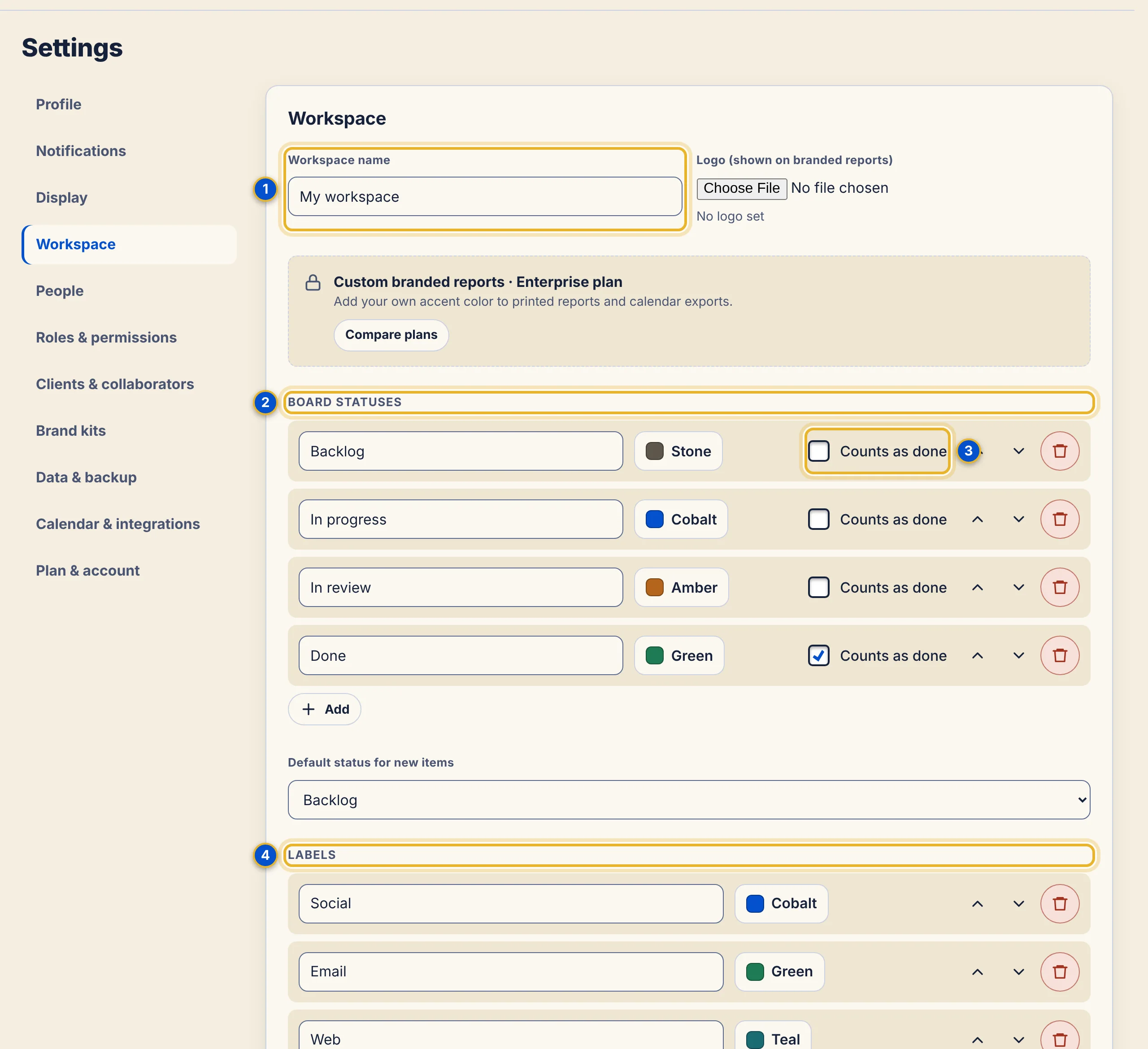 The Workspace panel in Settings showing Workspace name, Logo, board statuses with colors and a Counts as done box, and the start of Labels.