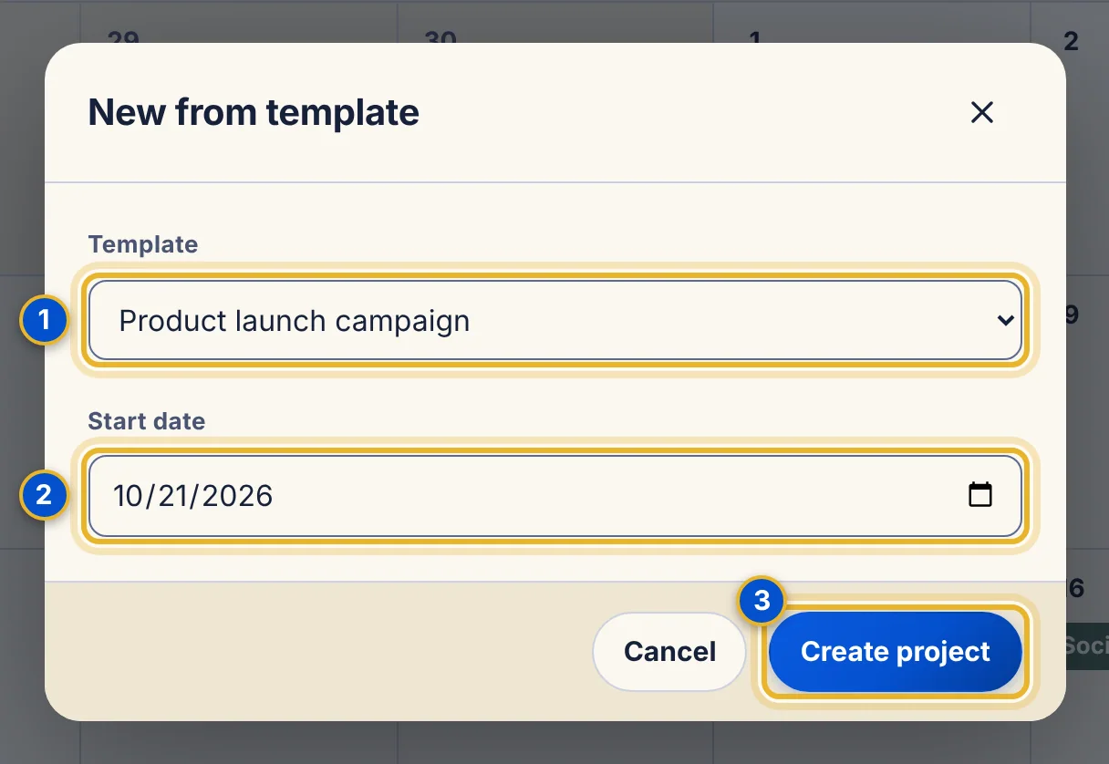 The New from template window with a Template dropdown set to Product launch campaign and a Start date box.