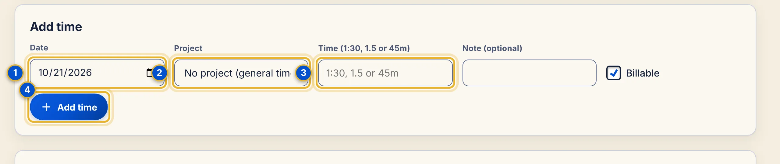 The Add time form with Date, Project, Time and Note boxes, a Billable checkbox and an Add time button.