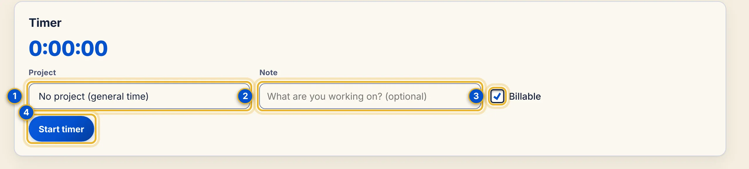 The Timer area with a Project list, a Note box, a Billable checkbox and a Start timer button.